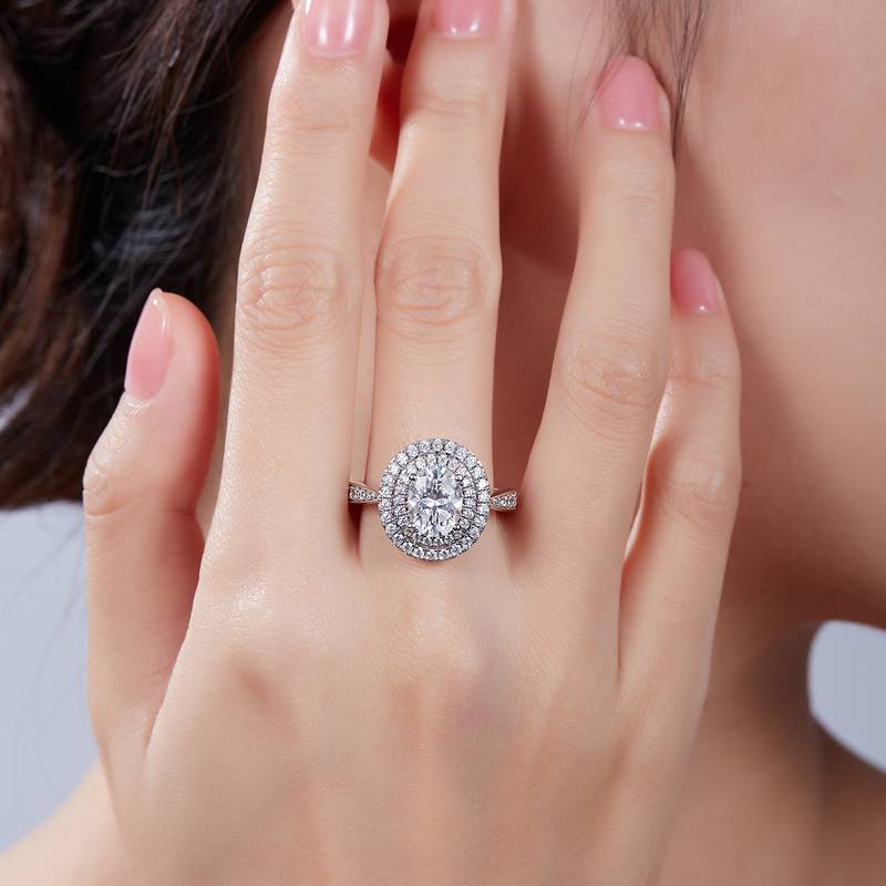 豪镶蛋形S925银镀白金MoissaniteWomen's Ring2.0ctD级